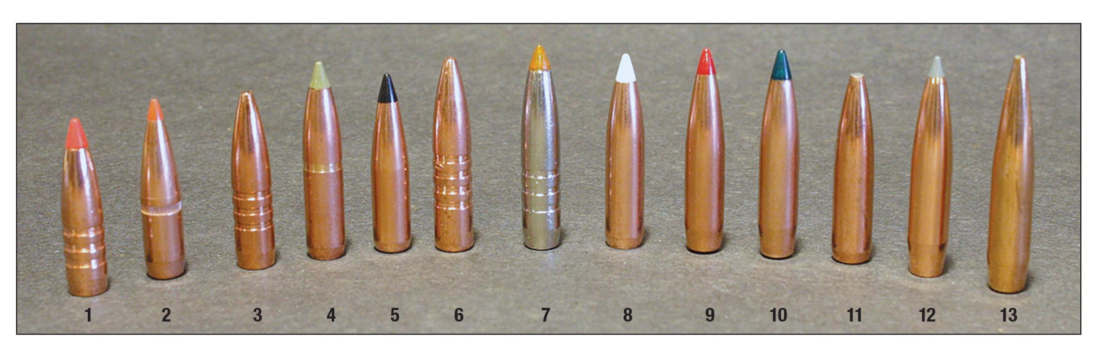 Bullets tested included the (1) Barnes 120-grain TTSX, (2) Hornady 139 SST, (3) Barnes 140 TSX, (4) Nosler 150 E-Tip,  (5) Swift Scirocco II 150, (6) Barnes 160 TSX, (7) Federal 160 Trophy Bonded Tip, (8) Nosler 160 AccuBond, (9) Hornady 162 ELD-X, (10) Sierra 165 GameChanger, (11) Federal 175 Fusion, (12) Nosler 175 AccuBond Long Range and a (13) Berger 195-grain Extreme Outer Limits Hunter.